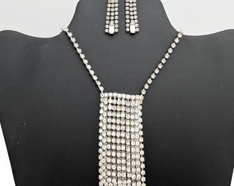 1950's Waterfall Rhinestone Choker Necklace & Earrings Set