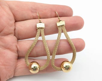 Vintage Gold Tone Mesh Wire & Ball Dangle Earrings Signed SW
