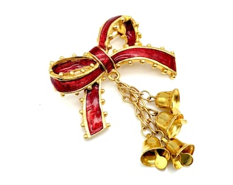 Vintage Guilloche Enamel Red & Gold Bow Bells Dangle Brooch