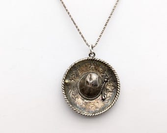 Vintage Mexico Sterling Silver Mini Sombrero Hat Pendant Necklace - 25"