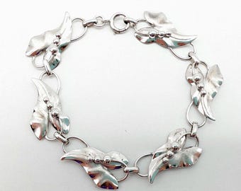 Vintage Sterling Silver Leaf & Berries Link Bracelet - 7.5"