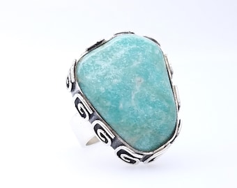 Heavy Vintage Blue-Green Amazonite & Sterling Silver Vintage Statement Ring - Unisex, Size 8