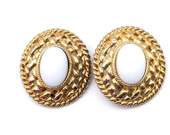 Gold & White Lucite Clip On Earrings Signed Gay Boyer