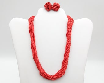 Vintage Bright Red Glass Seed Bead Necklace & Stud Earrings Set
