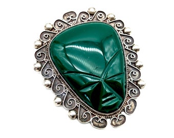 Large Vintage Mexico Sterling Silver & Green Onyx Warrior Mask Brooch - 2.75"