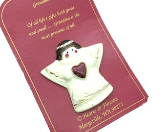 Vintage Hand Painted Grandmother Ceramic Angel Heart Lapel Pin