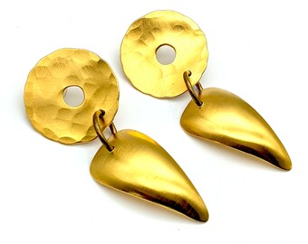 Signed Roz Balkin Hammered Gold Plated Modernist Dangle Earrings - 3"