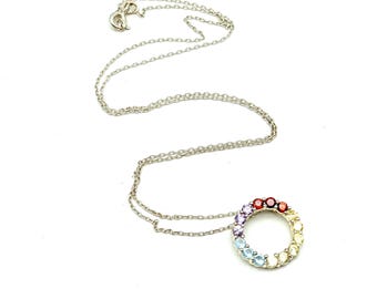 Vintage Rainbow Gemstone & Sterling Silver Circle/Wreath Pendant Necklace 18"