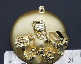 Vintage Brushed Gold Tone Christmas Ornament Brooch With Teddy Bear and Packages - 2"