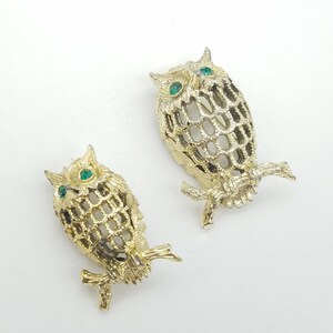 Set of Two Gerry&#39;s Gold Tone & Green Rhinestone Owl Brooches