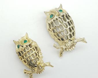 Set of Two Gerry's Gold Tone & Green Rhinestone Owl Brooches