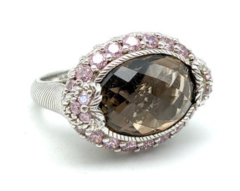 Vintage Judith Ripka Sterling Silver, Smoky Quartz & Pink Diamonique Statement Ring - Size 6