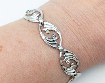 Art Deco Sterling Silver Swirled Link Bracelet Signed W.E. Richards - 7 3/8"