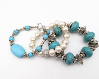 Lot of 3 Vintage Beaded Turquoise and Faux Pearl Bracelets