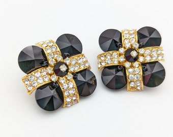 1980s Designer Rhinestone Studded Black & Gold Floral Clip Earrings Signed Lois Ann - 1.25"