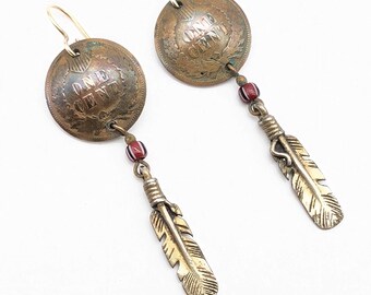 Indian Head Penny & Brass Feather Dangle Earrings - 2.5"
