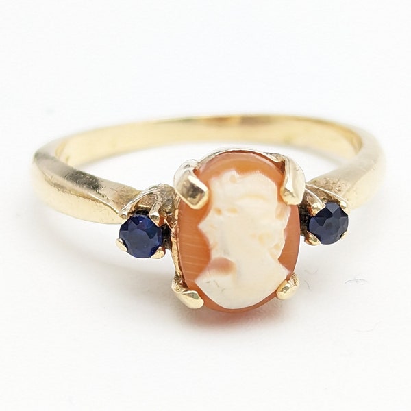 Antique Cameo & Blue Sapphire 14k Gold Ring - Size 6, Resizable