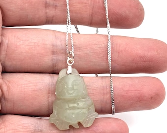 Sterling Silver & Carved Jade Buddha Pendant Necklace