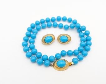 Vintage Turquoise Blue Glass Beaded Necklace & Clip Earrings Set