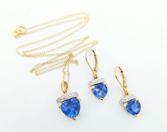 Vintage 14K Gold Vermeil Over Sterling Silver & Tanzanite Pendant Necklace and Earrings Set