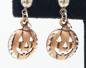Vintage Pewter and Copper-Washed Jack-o'-Lantern Pumpkin Dangle Earrings
