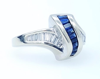 14K White Gold Natural Sapphire & Diamond Estate Ring - Size 8.5, Resizable