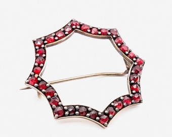 Antique Gold Vermeil Sterling Silver Rose Cut Bohemian Garnet Circle Brooch
