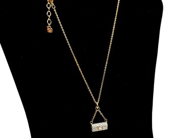 Signed Swarovski Crystal Studded Gold Plated Clutch Purse Pendant Necklace - 16-19" Adjustable