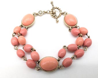 Vintage Monet Pink Coral Lucite & Gold Tone Link Bracelet - 7.5"