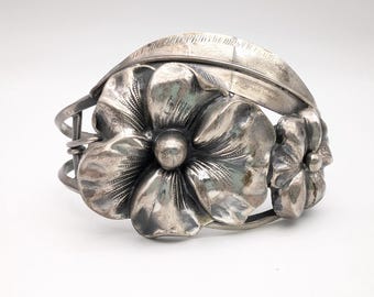 1920s Sterling Silver Double Pansy Wide Cuff Bracelet - 6.5"