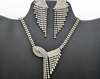 Silver Plated Rhinestone Waterfall Choker Necklace and Dangle Earrings Set