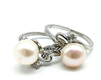 Vintage Silver Plated Cultured Pearl & CZ Ring - Choice of Colors