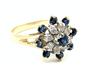 14K Gold Sapphire Diamond Ring, Cocktail Ring, Estate Jewelry