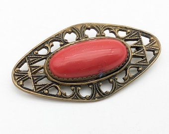 Antique Cherry Red Czech Glass & Brass Filigree Brooch - 1.75"