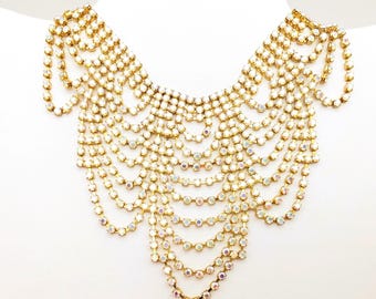 Aurora Borealis Rhinestone Bib Necklace or Choker - 13-16" Adjustable