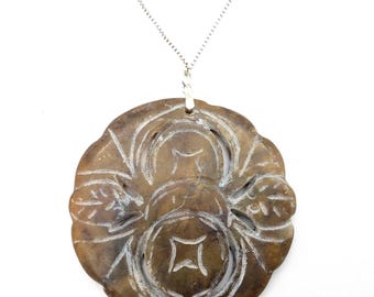 Carved Chinese Brown Jade & Sterling Floral Pendant Necklace - 20"