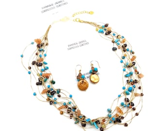 Vintage Multi Gemstone Necklace & Earrings Set from Pannee Jewelry