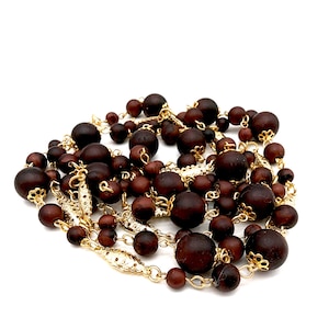 Vintage Warm Frosted Brown Bead & Gold Tone Chain Necklace - 54&quot;