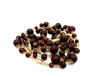Vintage Warm Frosted Brown Bead & Gold Tone Chain Necklace - 54"