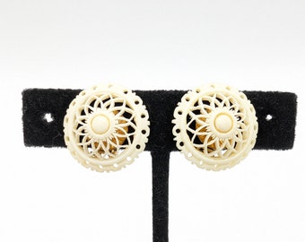 Art Deco Carved Celluloid Floral Clip on Earrings