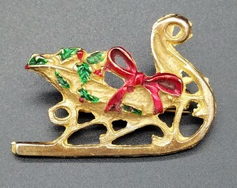 Vintage Gold Tone Christmas Sleigh Brooch with Holly and Red Bow