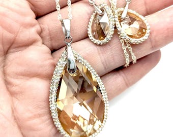 Sterling Silver, Swarovski Crystal Morganite Pendant and Earrings Set