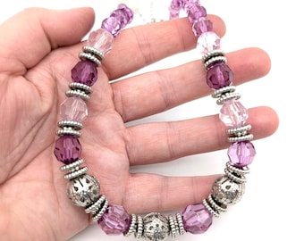 Vintage 1928 Pink & Silver Beaded Chain Necklace - 16-19" Adjustable