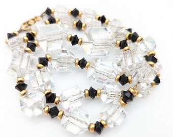 Deltah Art Deco 14k Gold Filled Faceted Crystal and Black Glass Beaded Necklace - 16.5"