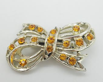 Vintage Citrine Rhinestone & Silver-Tone Bow Brooch