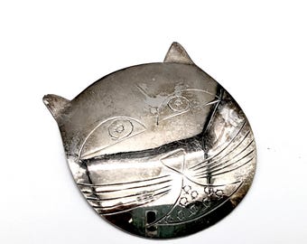 Large Vintage Silver Tone Cat Head Brooch - 3"