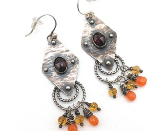 Artisan Mexican Orange Opal & Garnet Sterling Silver Dangle Earrings