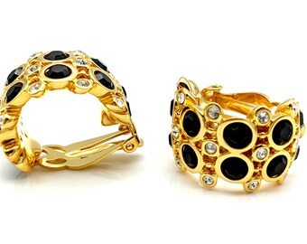 Gold Plated Black & White Rhinestone Clip Hoop Earrings - 1"