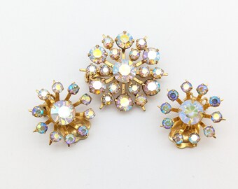 Vintage Aurora Borealis Floral Brooch & Clip Earrings Set