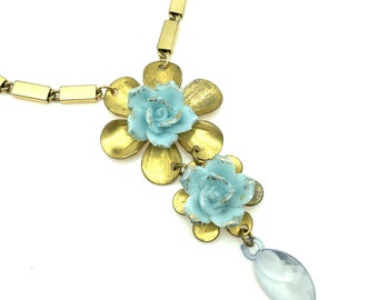 Blue Porcelain Rose Flower & Brass Pendant Necklace